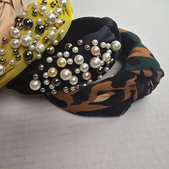 Headband Bundle of 5 Animal Print Pearls Black Chartreuse Blush Rose Tan Green - Picture 4 of 5